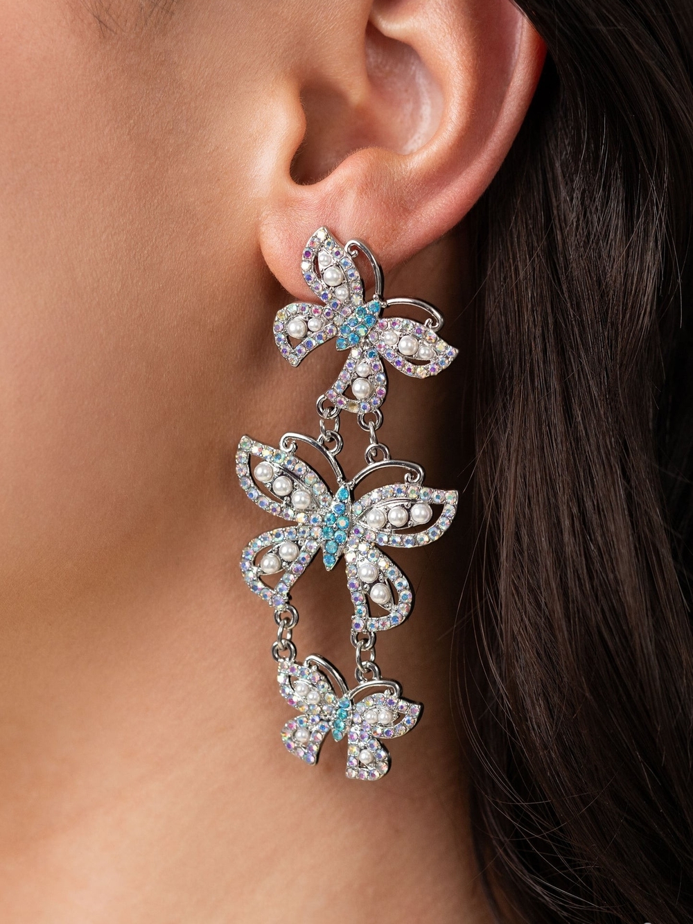 Butterfly Drop Earrings with White Pearls and Blue Crystals